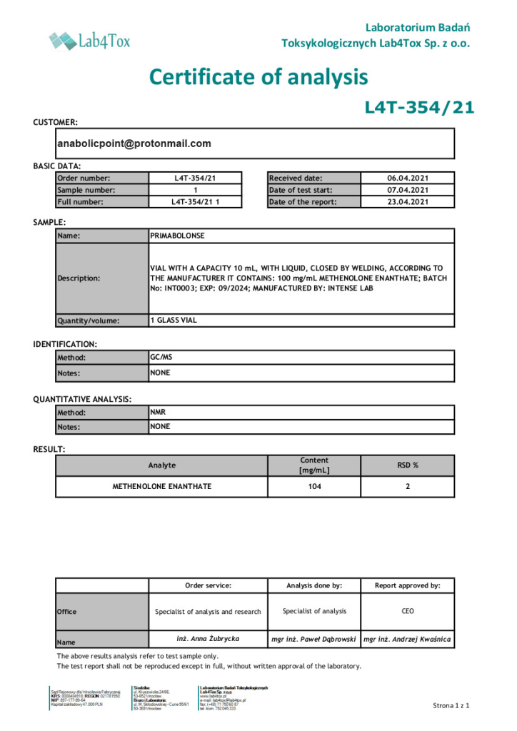 AnabolicPoint.com - Laboratory of Analysis - Intense Laboratory - Methonolone Enanthate 100mg-1ml