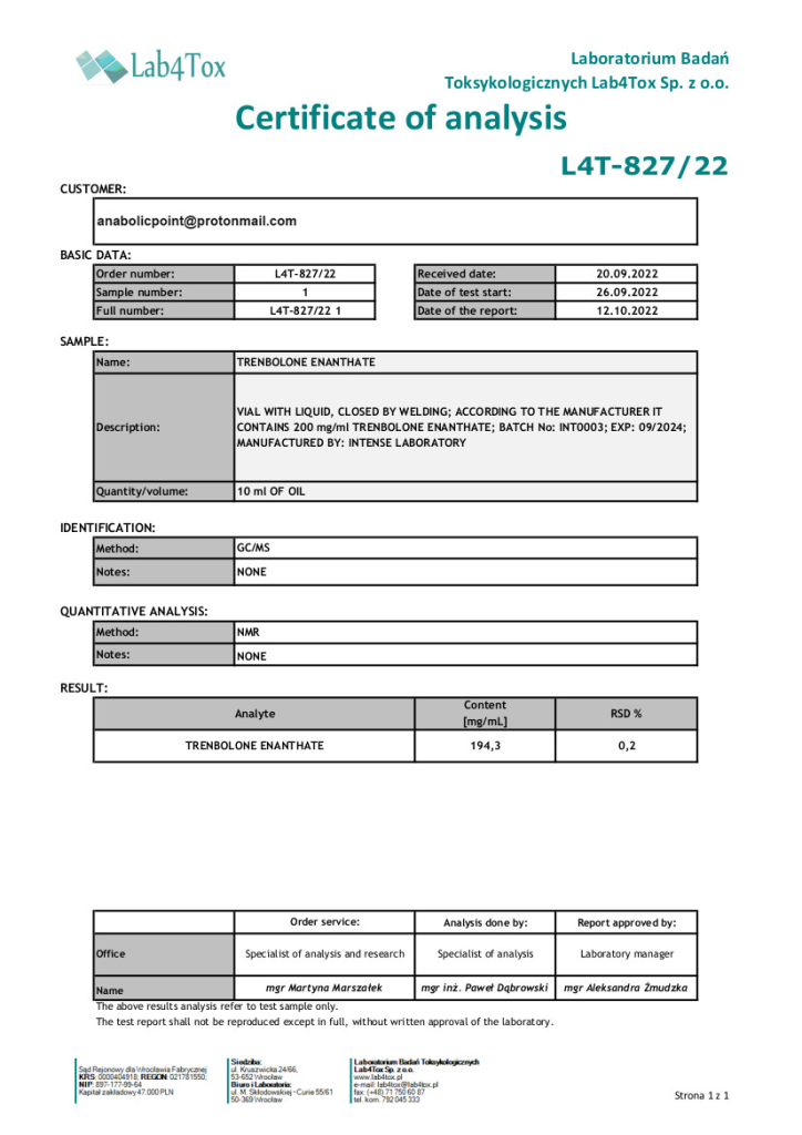 AnabolicPoint.com - Laboratory of Analysis - Intense Laboratory - Trenbolone Enanthate 200mg-1ml